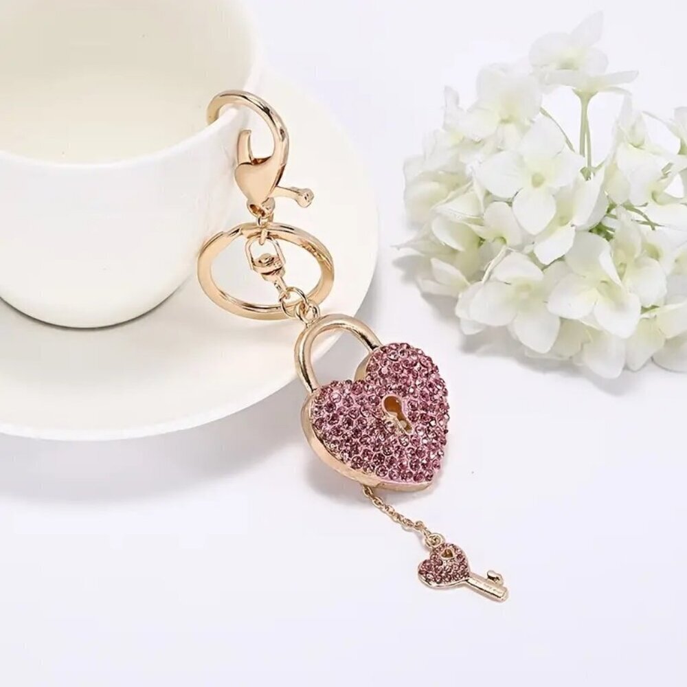 Pink Heart Keychain with Gold Accents